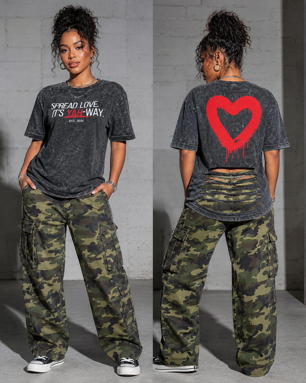 Model wearing God & Grit acid-wash graphic t-shirt with front text and back red heart print with distressed cutouts.