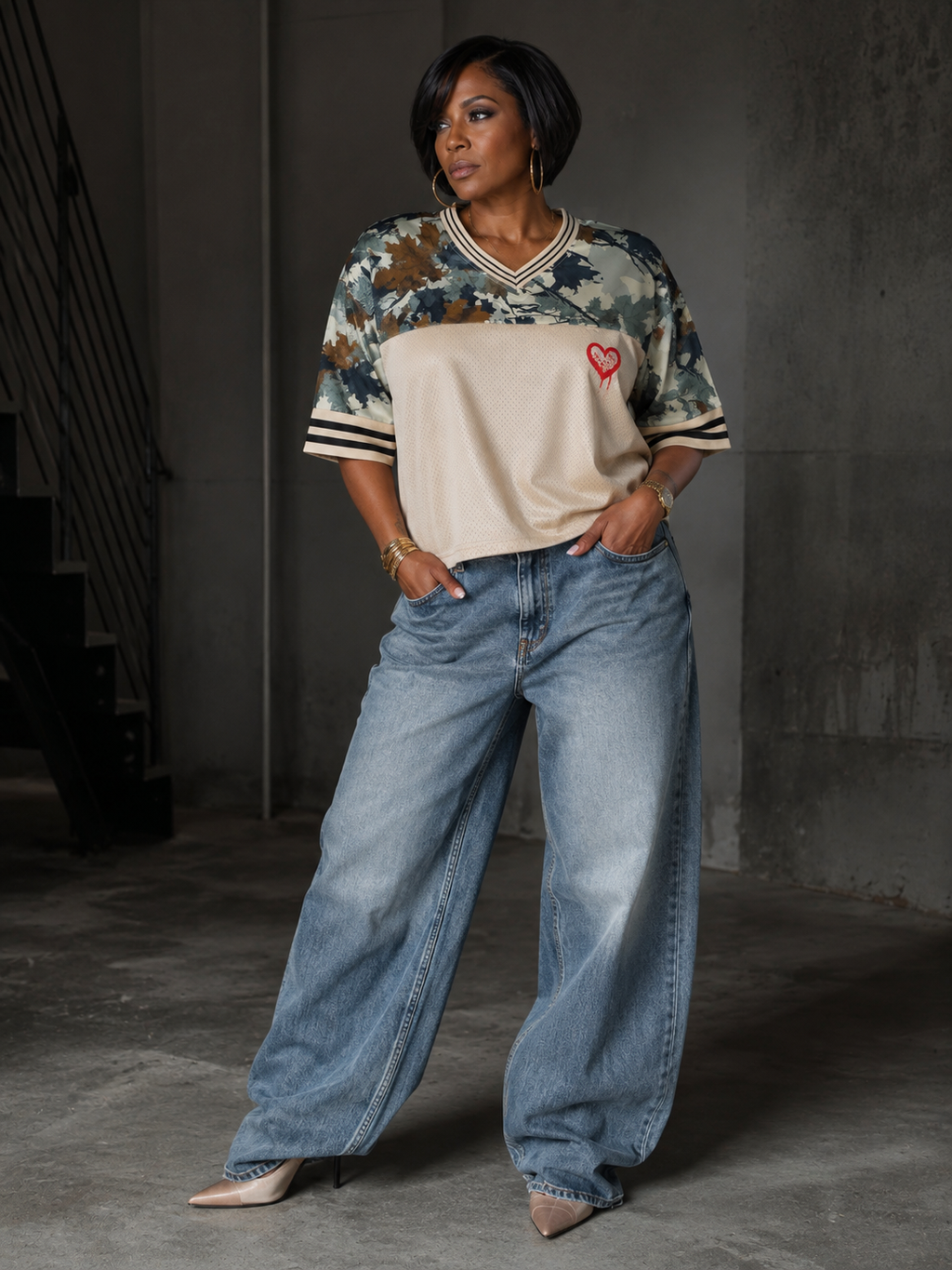 Model wearing a God & Grit oversized camouflage mesh jersey with a heart graphic, V-neck, and striped ribbed trim.