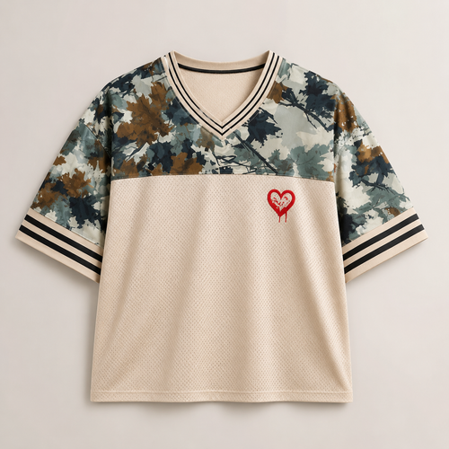God & Grit oversized mesh jersey shirt with camouflage sleeves, V-neck, and a red heart graphic on the front.